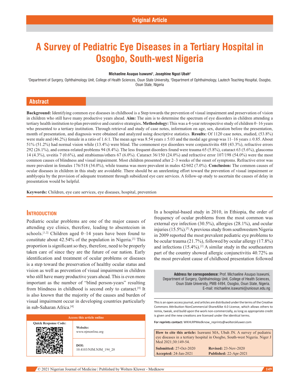 A Survey of Pediatric Eye Diseases in a Tertiary Hospital in Osogbo, South‑West Nigeria