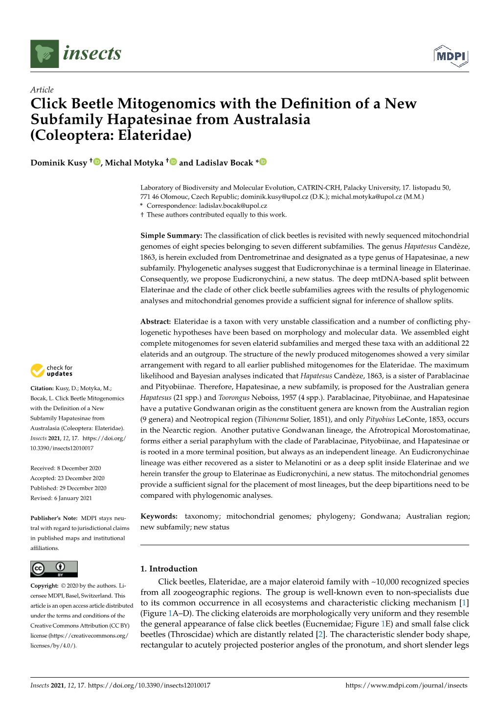 Click Beetle Mitogenomics with the Definition of a New Subfamily