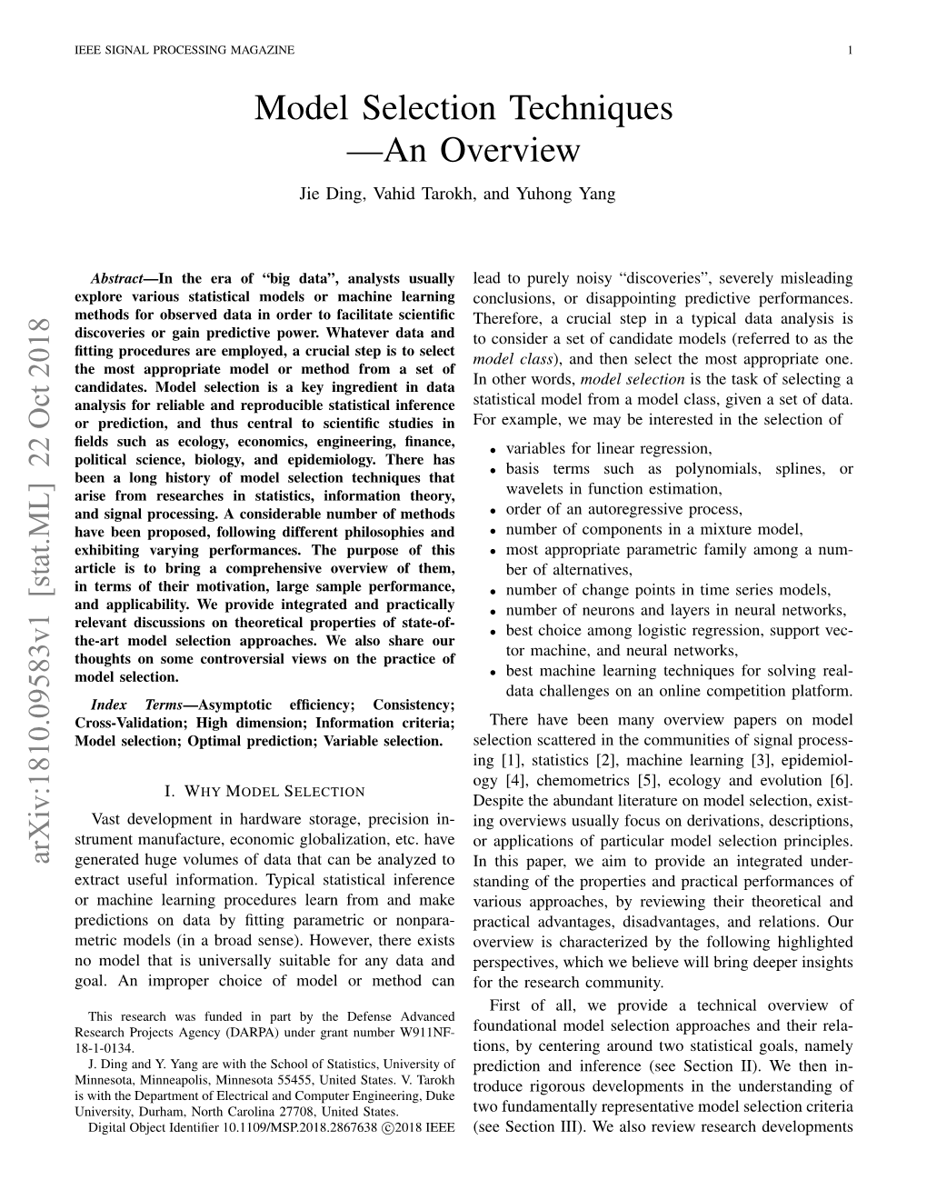 Model Selection Techniques —An Overview Jie Ding, Vahid Tarokh, and Yuhong Yang