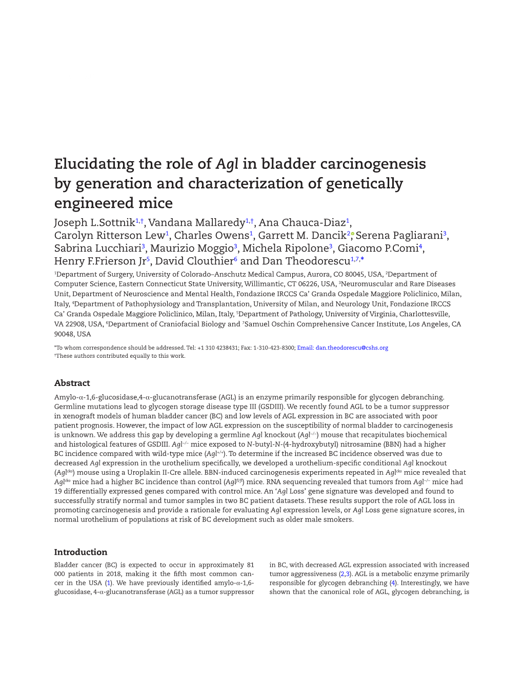 Elucidating the Role of Agl in Bladder Carcinogenesis By