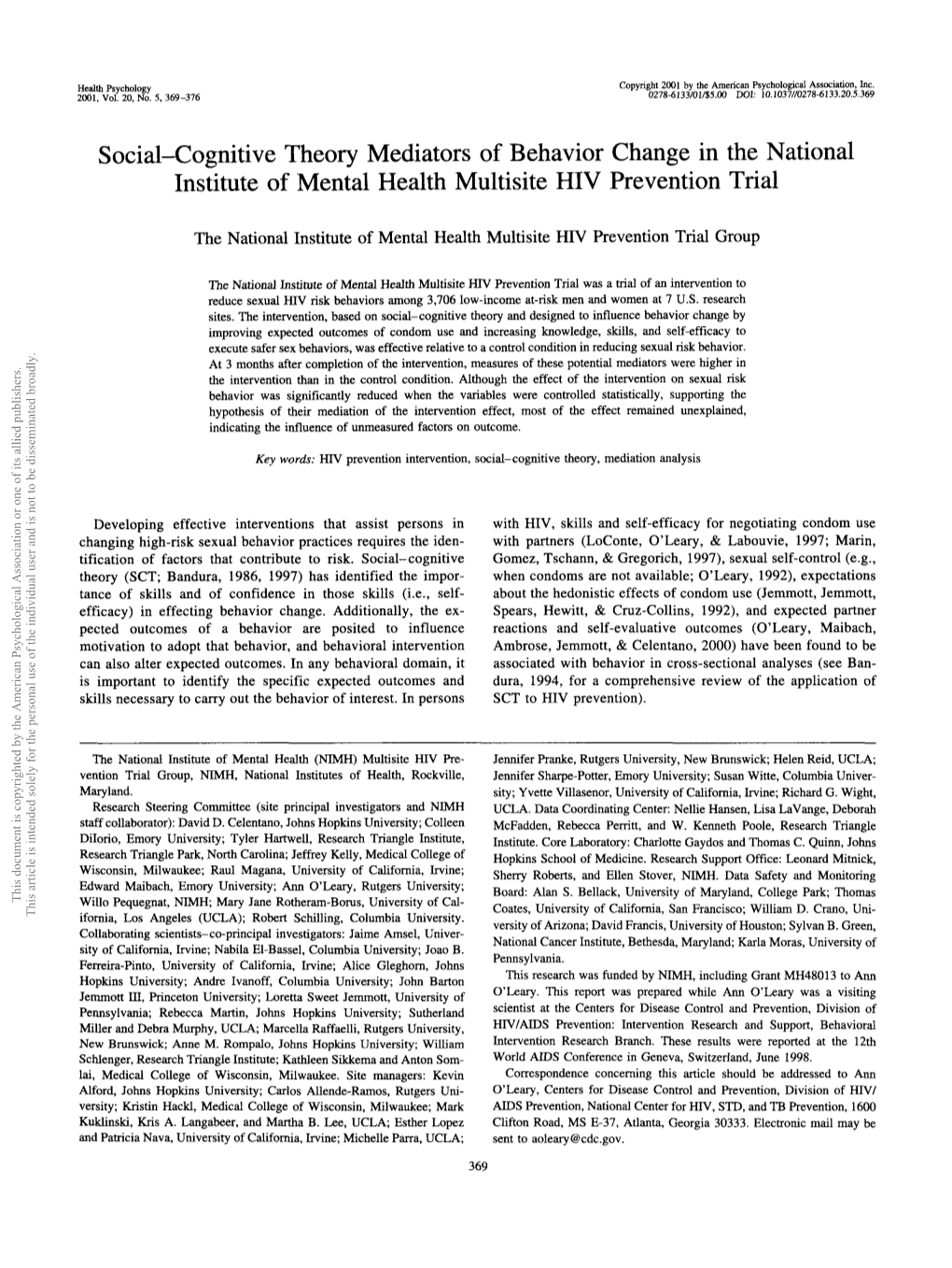 Social-Cognitive Theory Mediators of Behavior Change in the National Institute of Mental Health Multisite HIV Prevention Trial