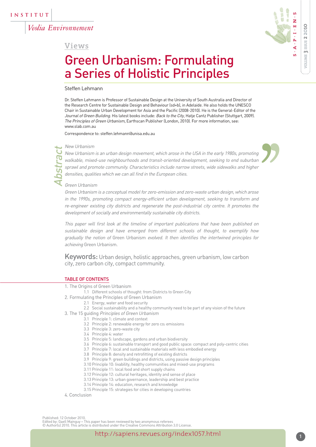 Green Urbanism: Formulating a Series of Holistic Principles