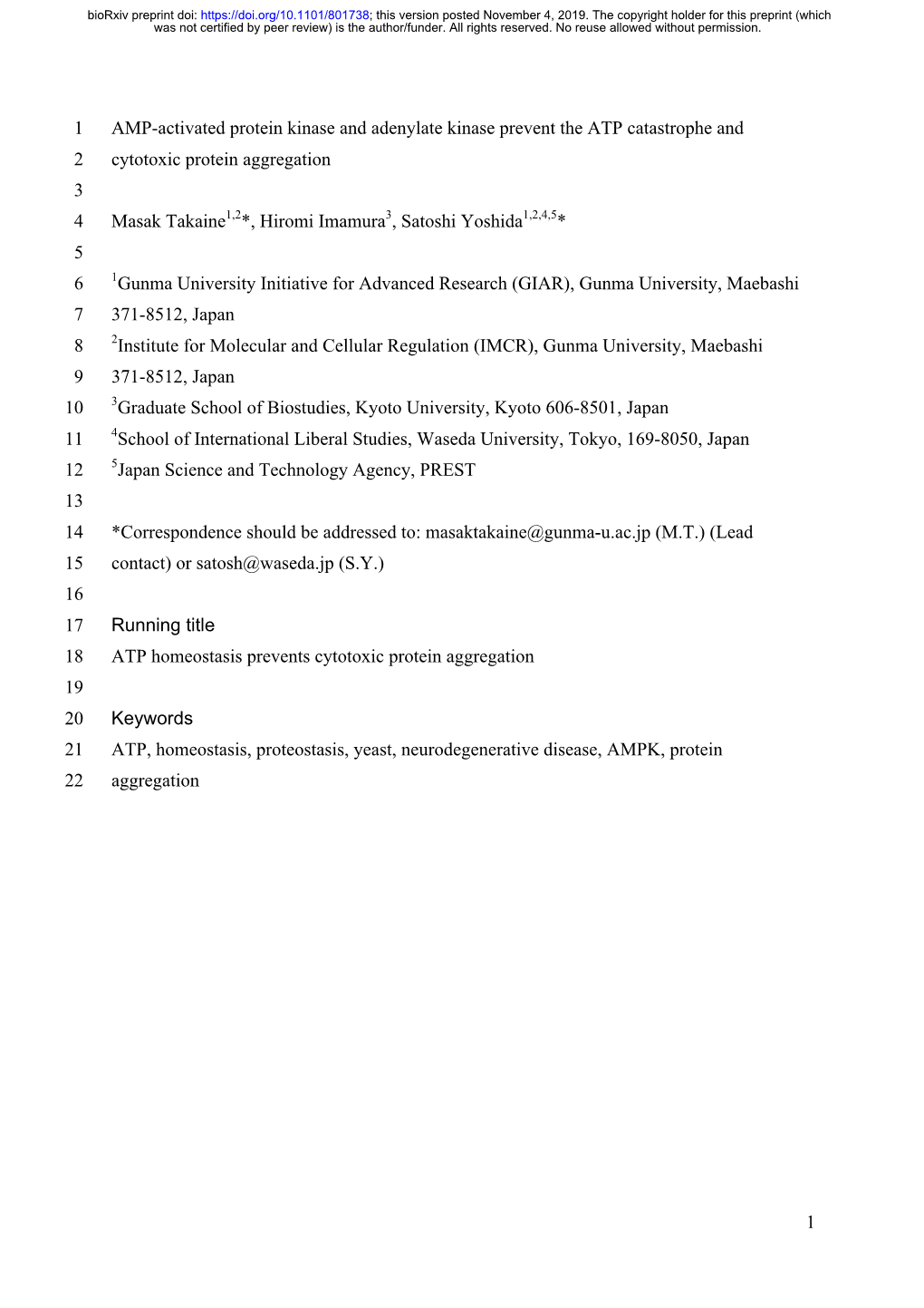 1 AMP-Activated Protein Kinase and Adenylate Kinase Prevent the ATP Catastrophe and 1 Cytotoxic Protein Aggregation 2 3 Masak Ta