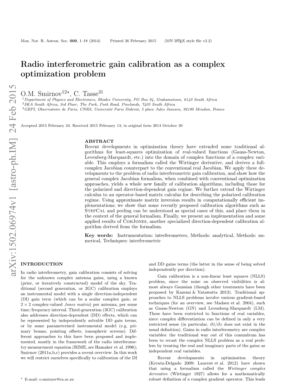 Radio Interferometric Gain Calibration As a Complex Optimization Problem 3 from Which Deﬁnitions of the Complex Jacobian and Complex Laurent Et Al