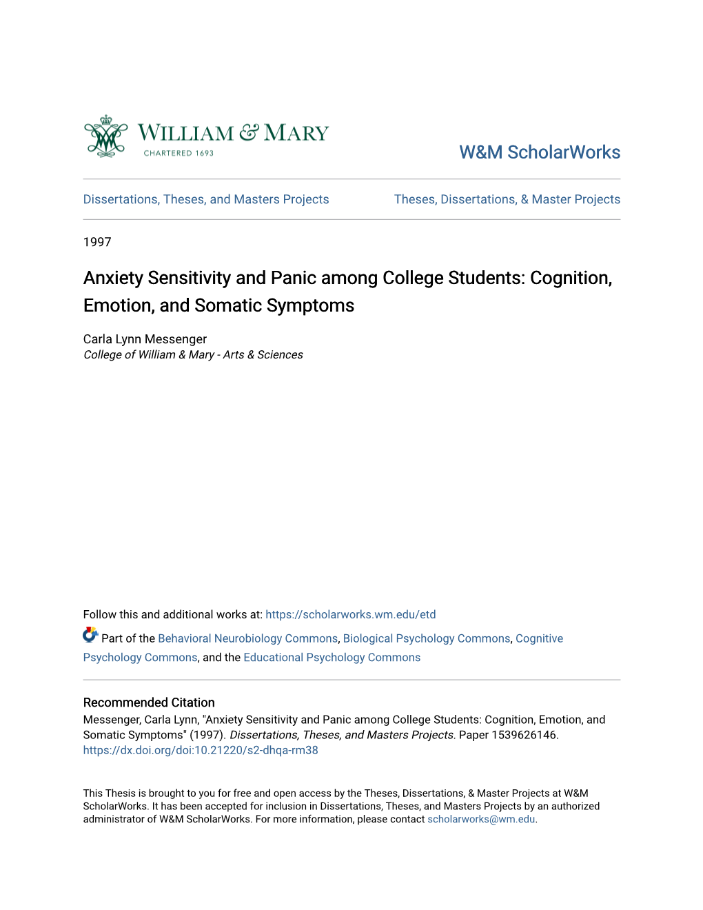 Anxiety Sensitivity and Panic Among College Students: Cognition, Emotion, and Somatic Symptoms