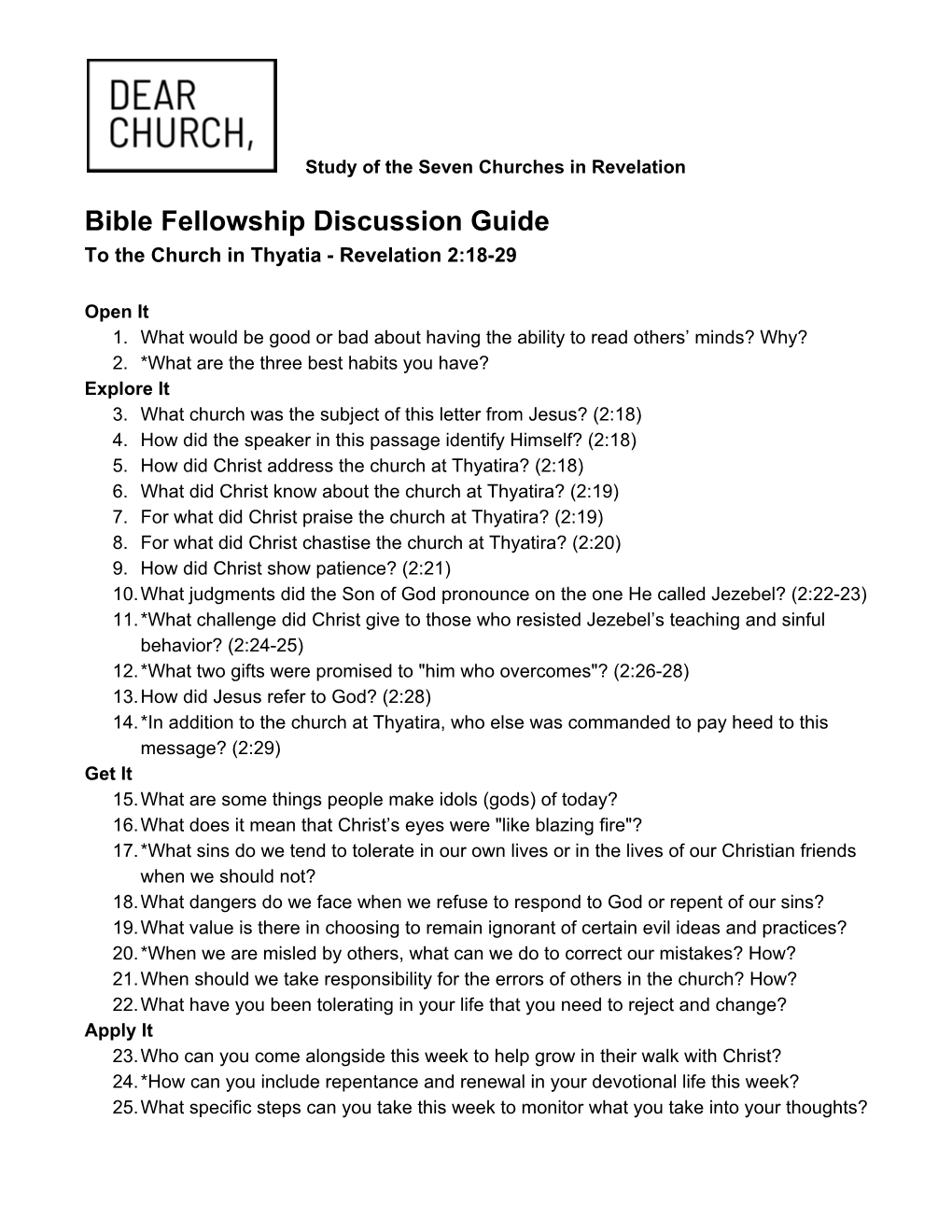 Bible Fellowship Discussion Guide to the Church in Thyatia - Revelation 2:18-29 ​ ​