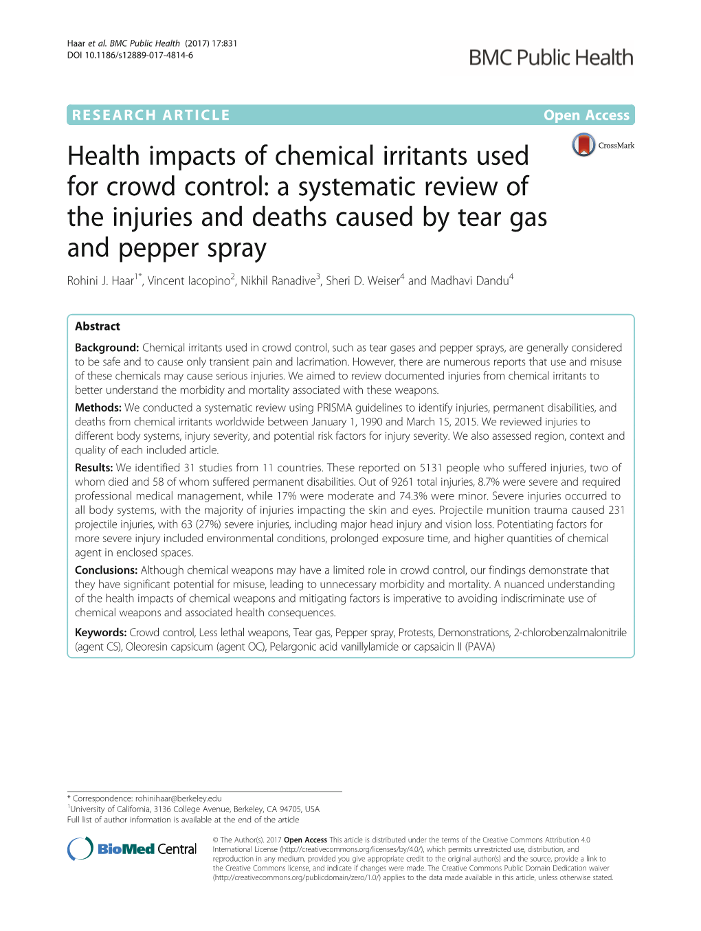 Health Impacts of Chemical Irritants Used for Crowd Control: a Systematic Review of the Injuries and Deaths Caused by Tear Gas and Pepper Spray Rohini J