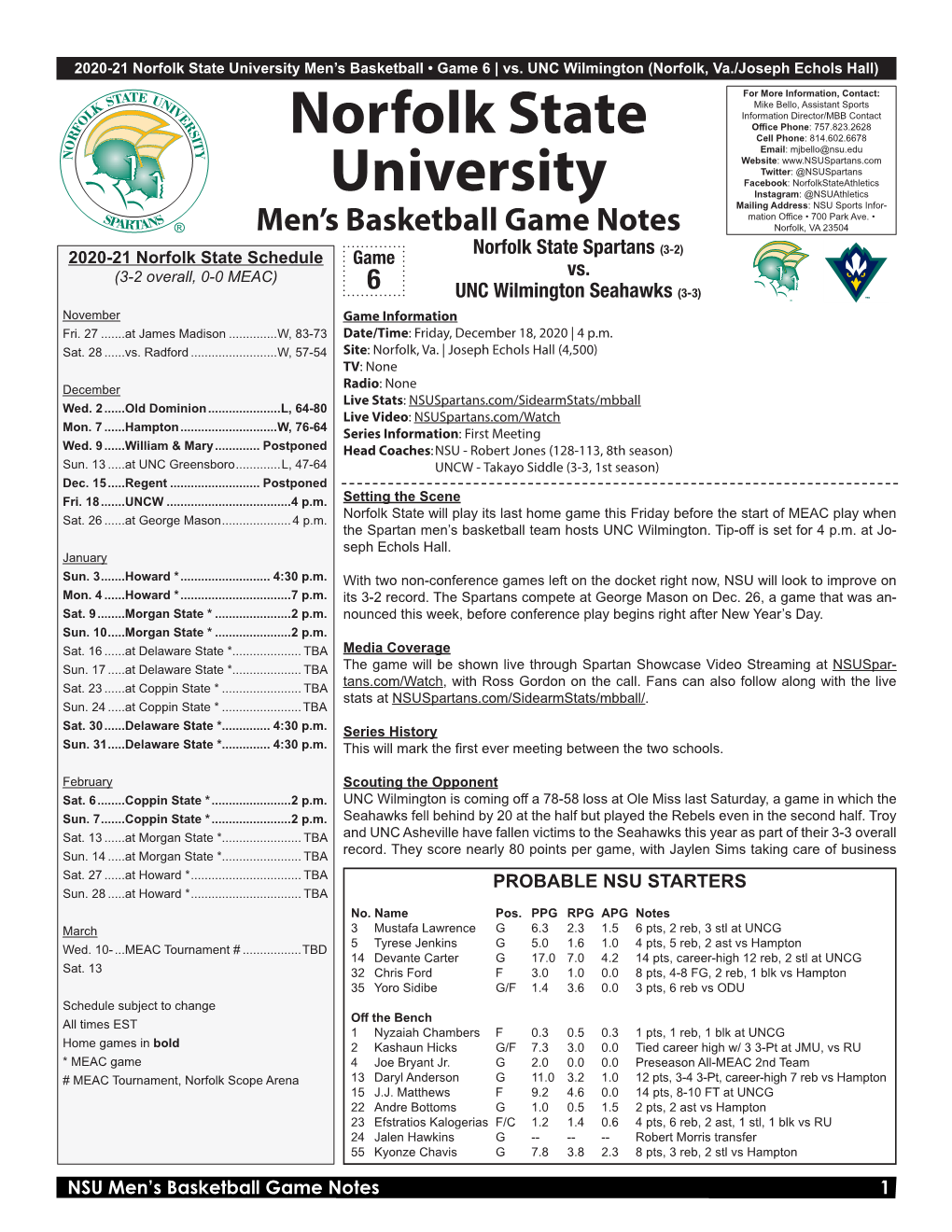 Norfolk State University Men’S Basketball • Game 6 | Vs