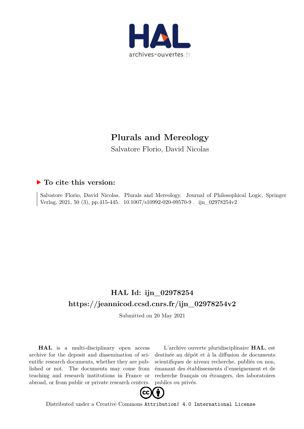 Plurals and Mereology Salvatore Florio, David Nicolas