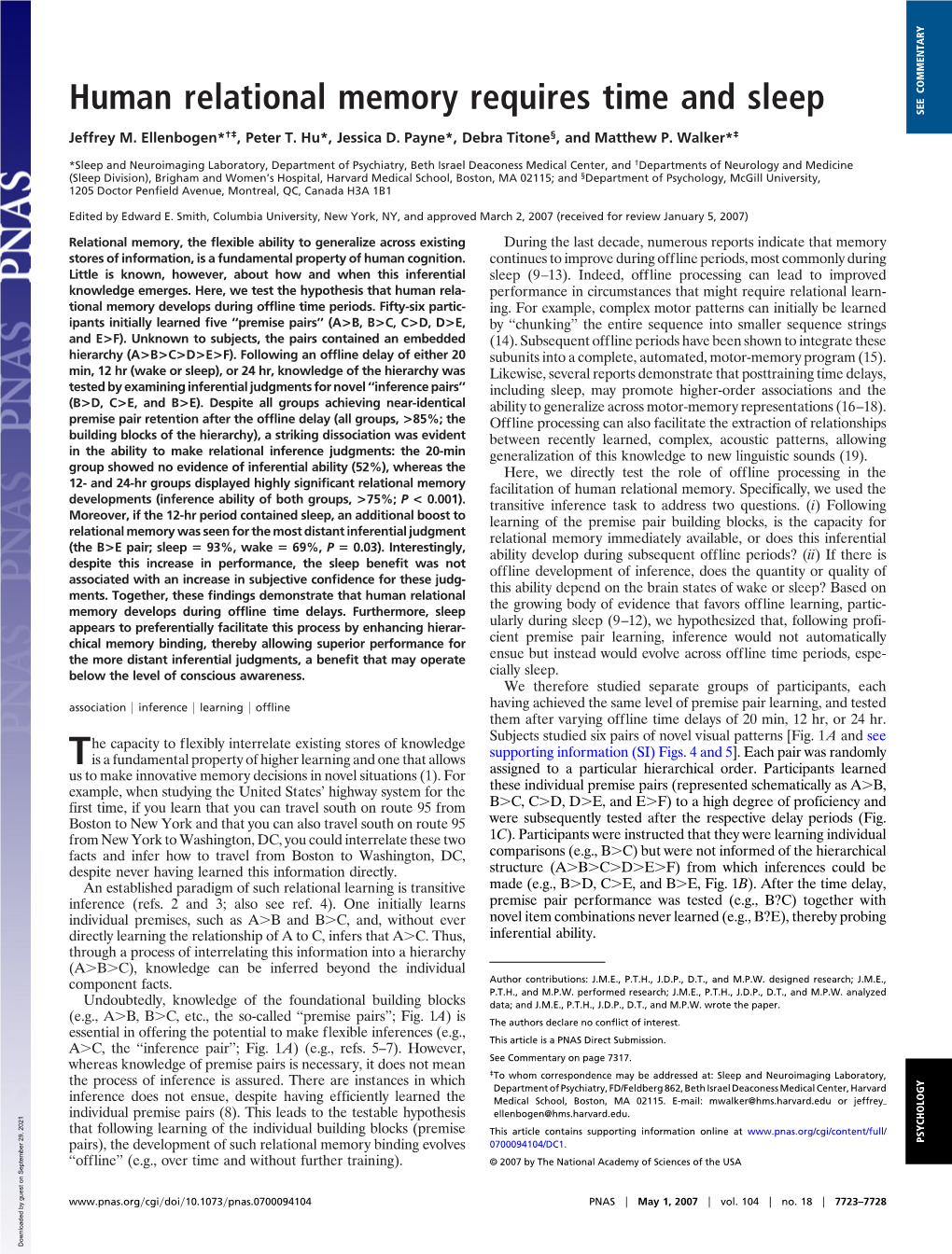 Human Relational Memory Requires Time and Sleep SEE COMMENTARY