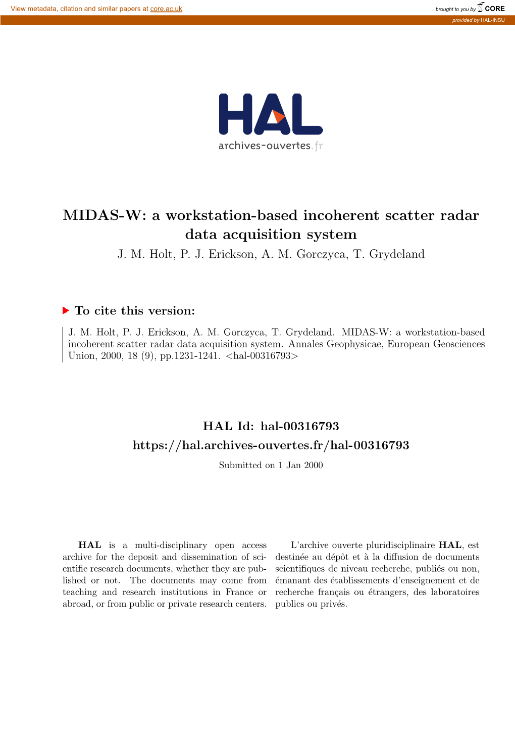 A Workstation-Based Incoherent Scatter Radar Data Acquisition System J