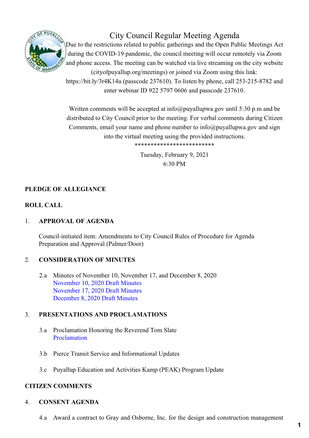 City Council Regular Meeting Agenda