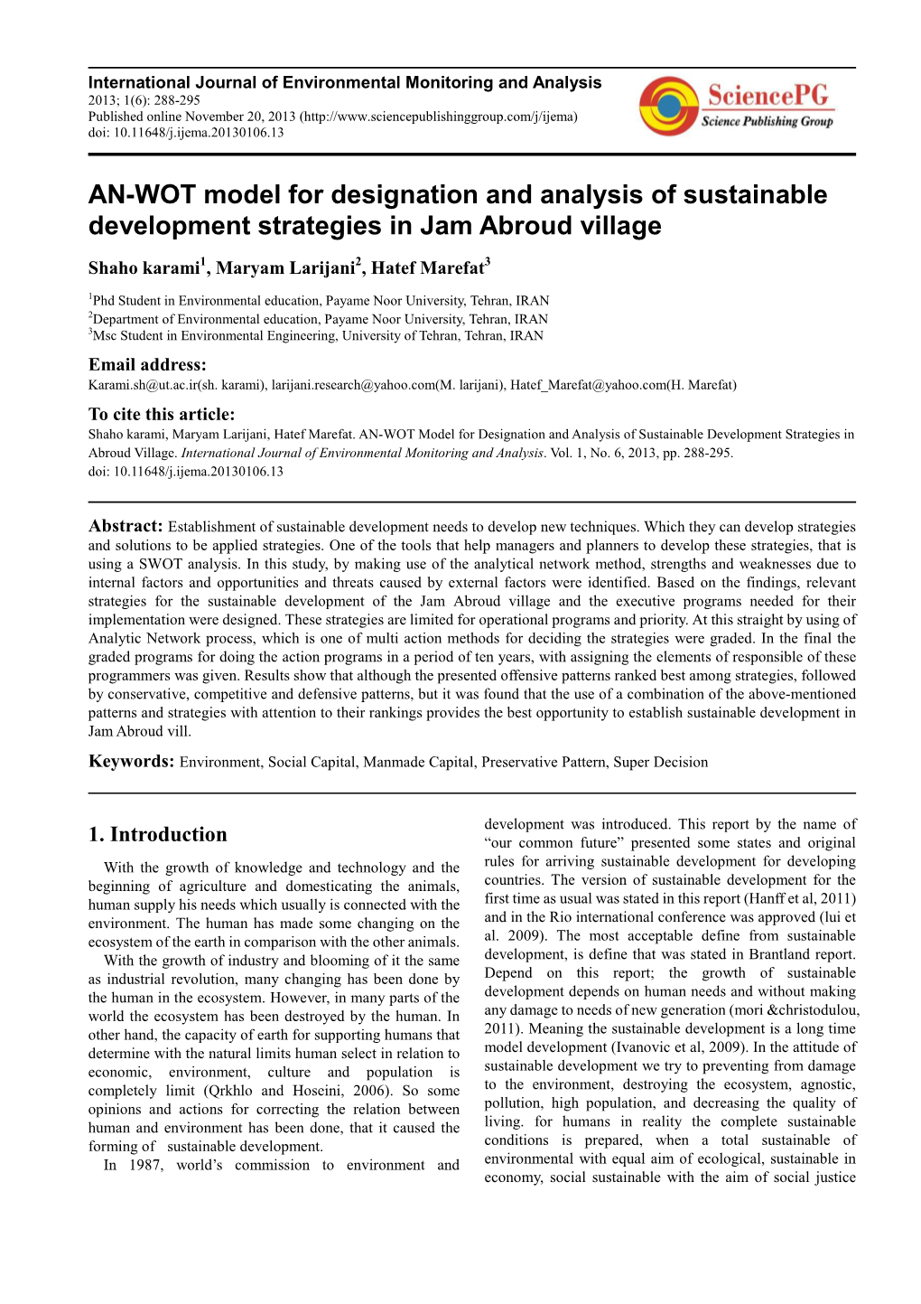 AN-WOT Model for Designation and Analysis of Sustainable Development Strategies in Jam Abroud Village