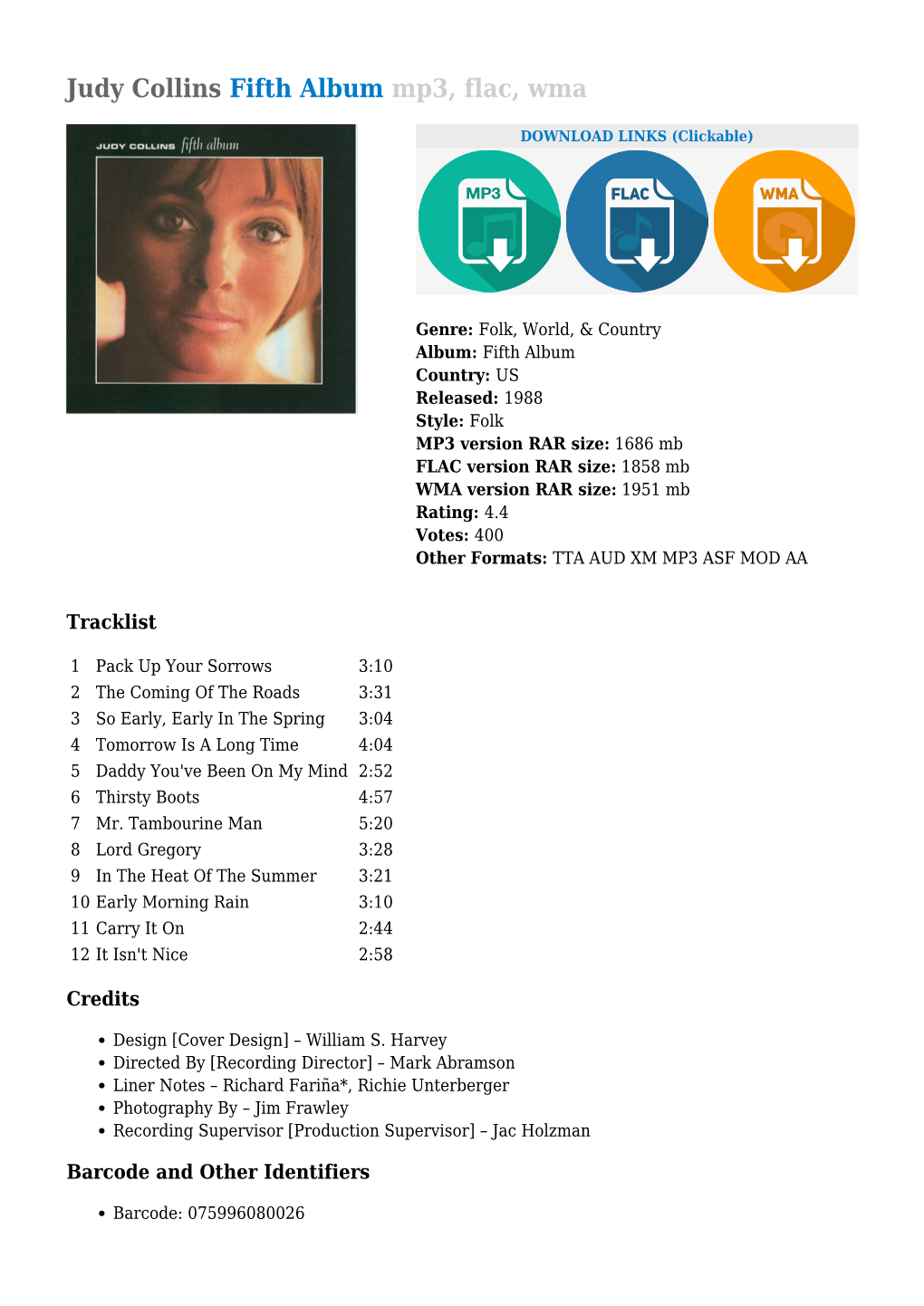 Judy Collins Fifth Album Mp3, Flac, Wma
