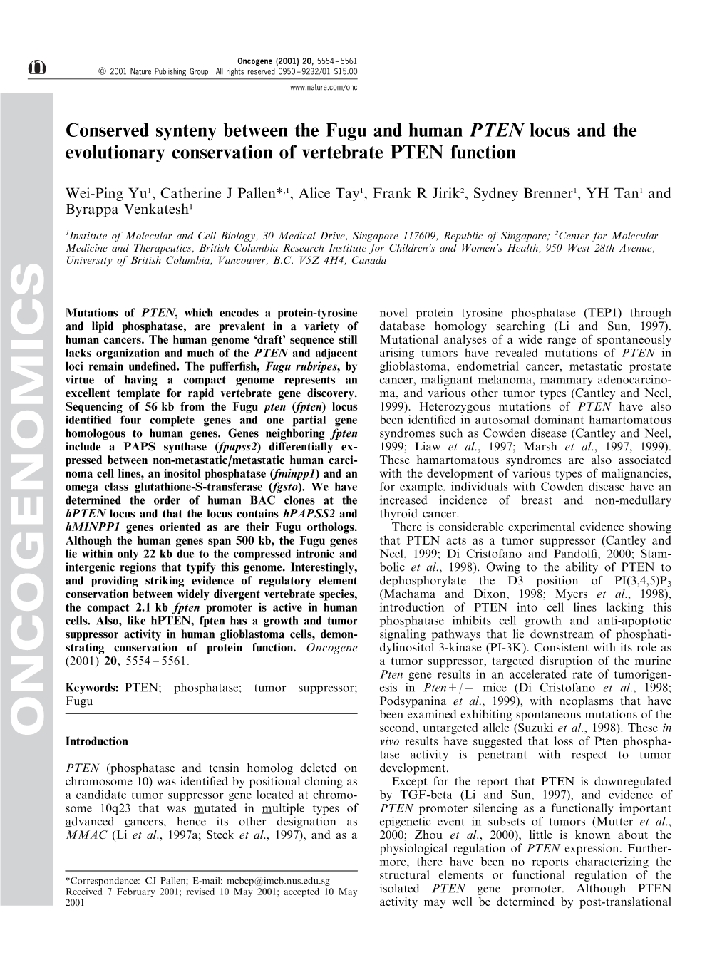 Conserved Synteny Between the Fugu and Human PTEN Locus and the Evolutionary Conservation of Vertebrate PTEN Function