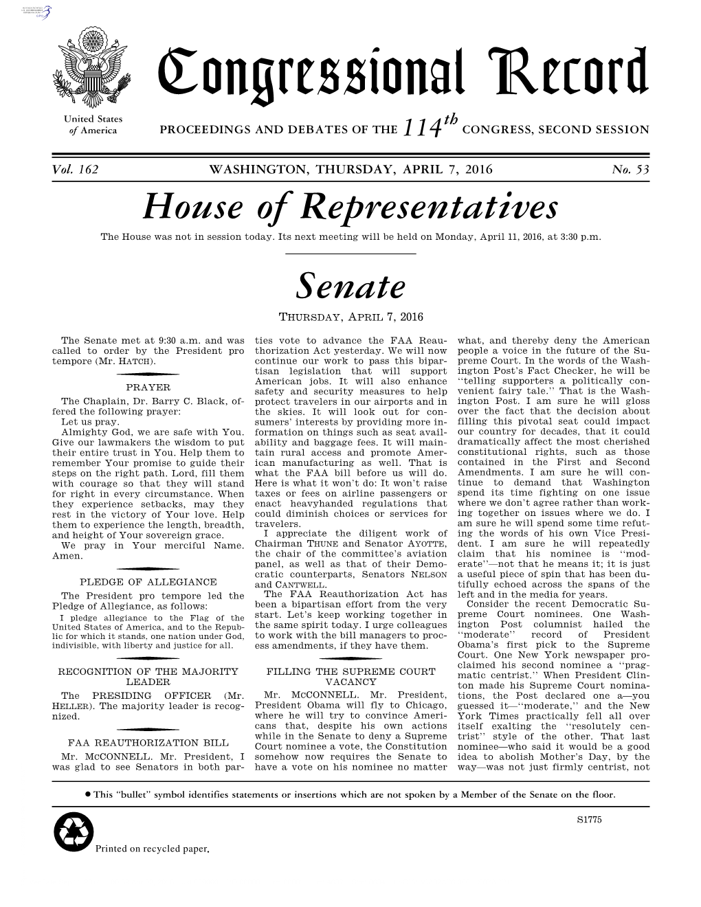 Congressional Record United States Th of America PROCEEDINGS and DEBATES of the 114 CONGRESS, SECOND SESSION