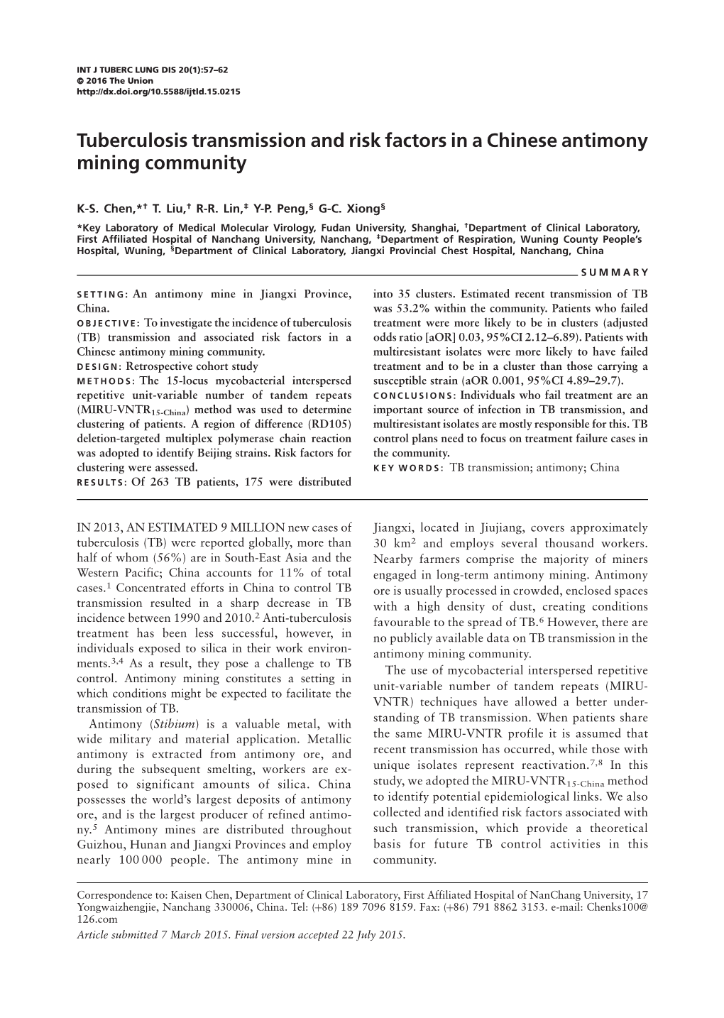 Tuberculosis Transmission and Risk Factors in a Chinese Antimony Mining Community