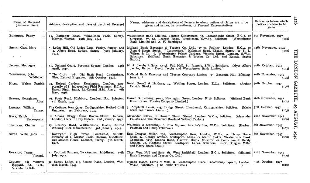 Name of Deceased (Surname First) Address, Description and Date Of