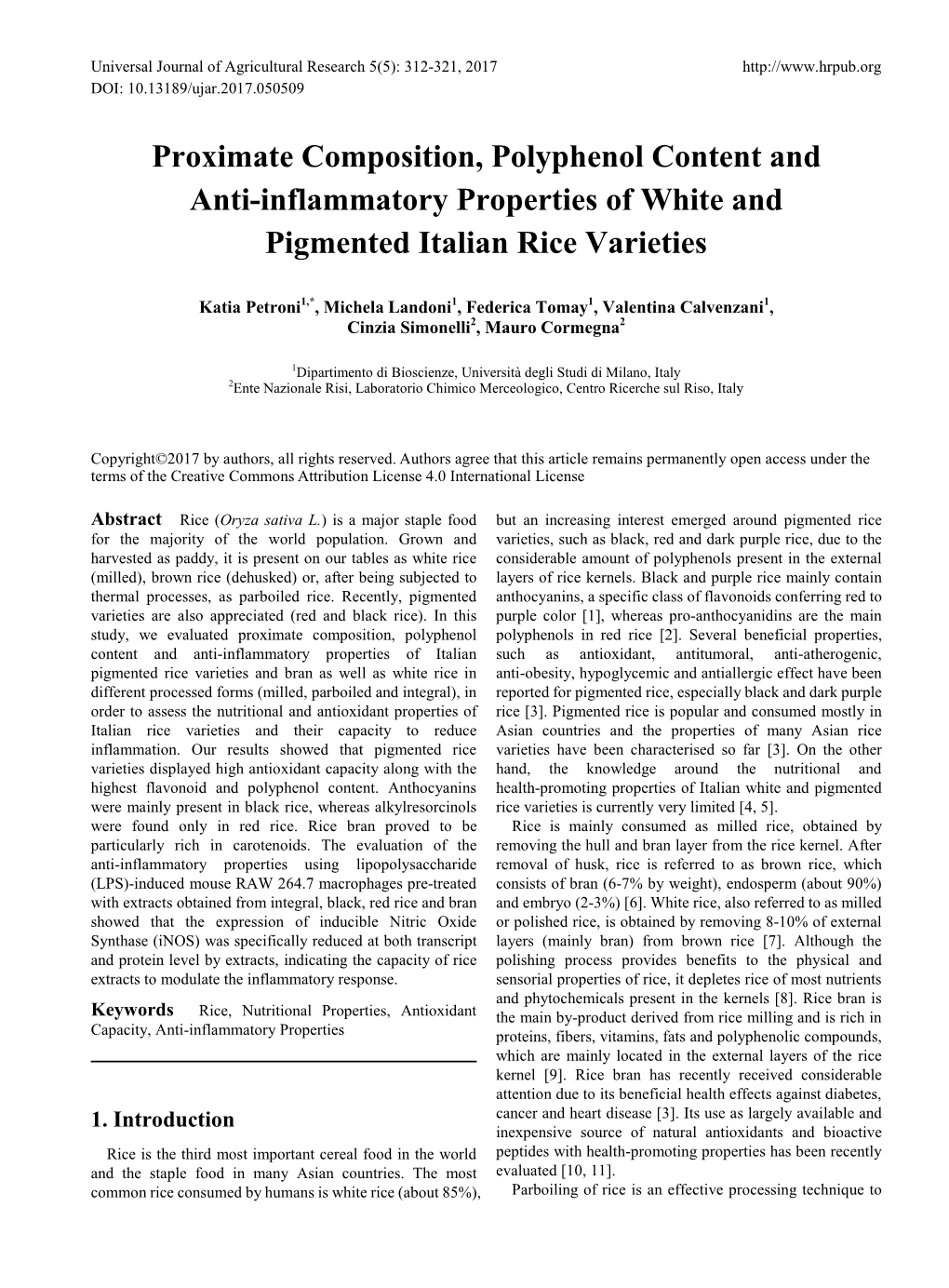 Proximate Composition, Polyphenol Content and Anti-Inflammatory Properties of White and Pigmented Italian Rice Varieties