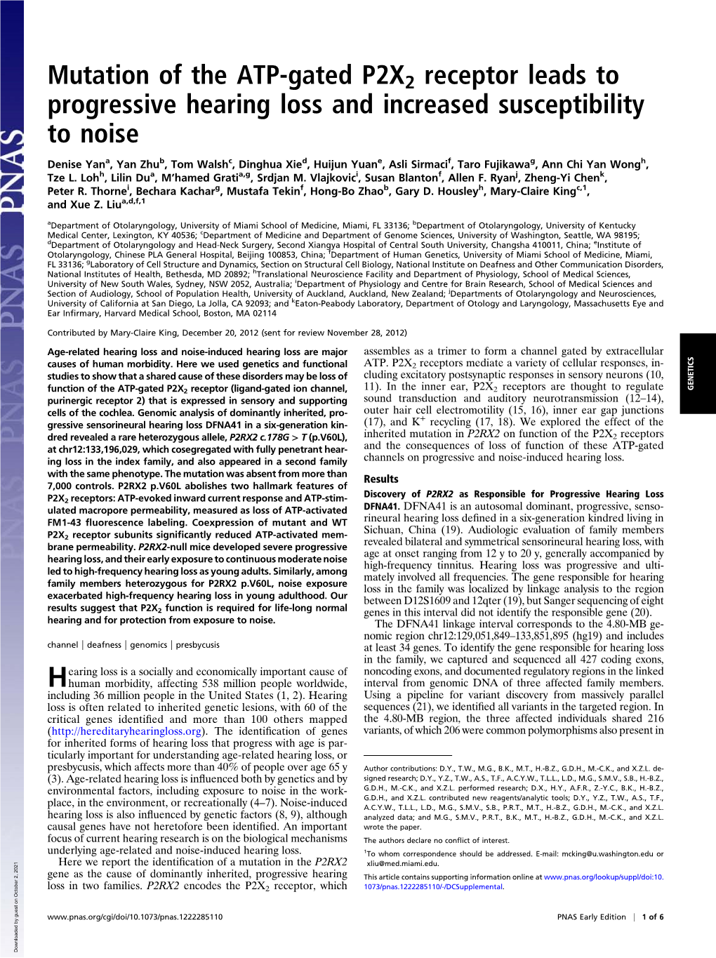 Mutation of the ATP-Gated P2X2 Receptor Leads to Progressive Hearing Loss and Increased Susceptibility to Noise