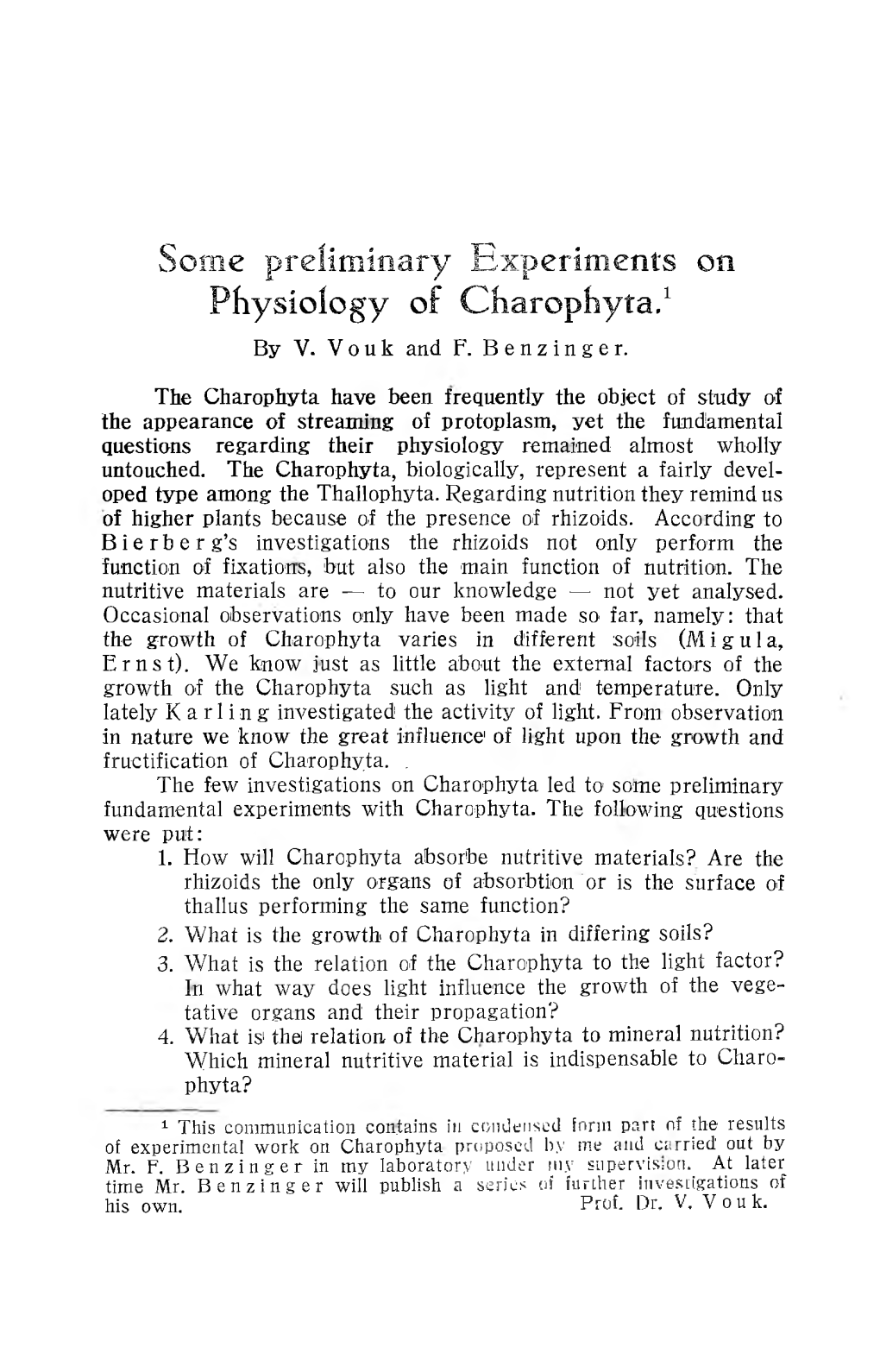 Some Preliminary Experiments on Physiology of Charophyta.1 by V