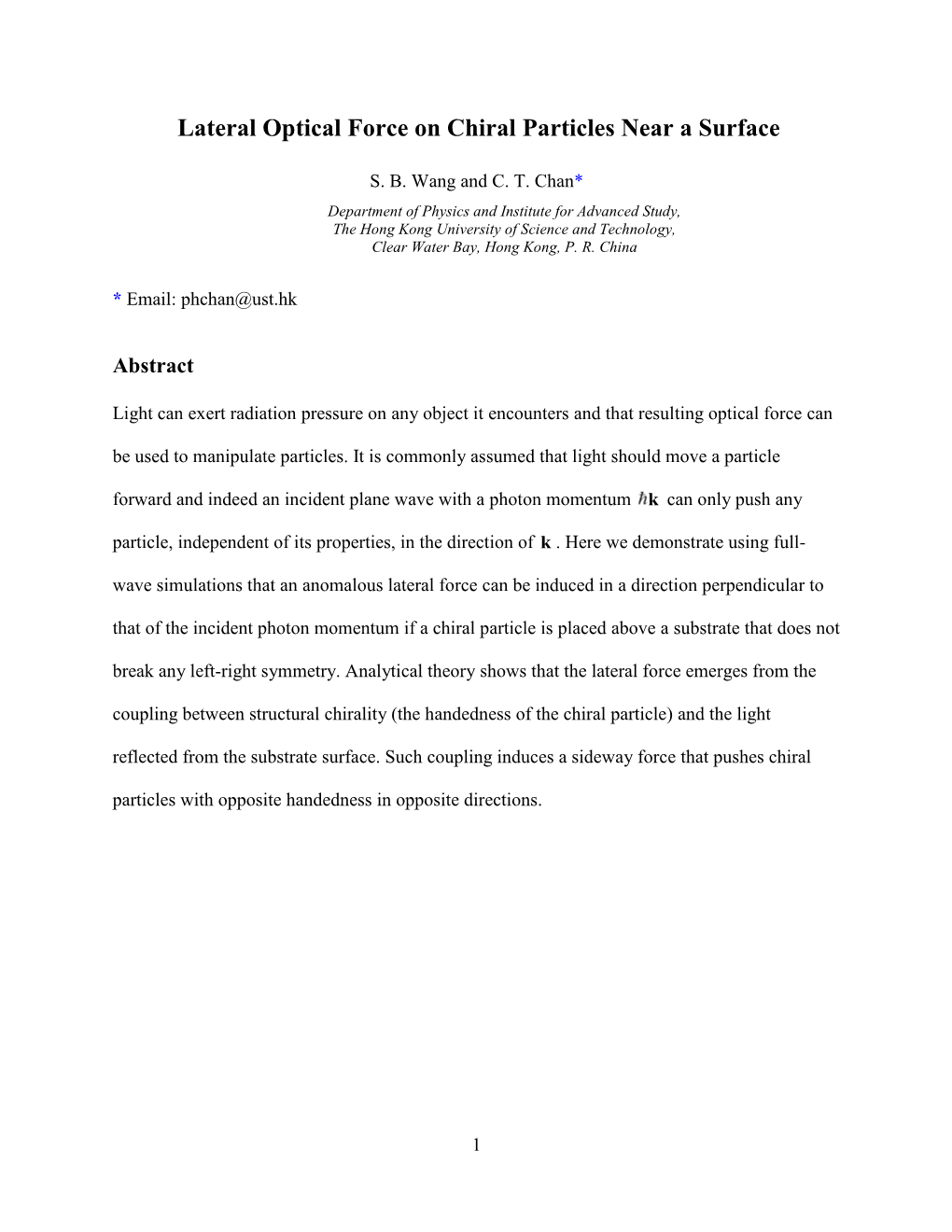 Lateral Optical Force on Chiral Particles Near a Surface