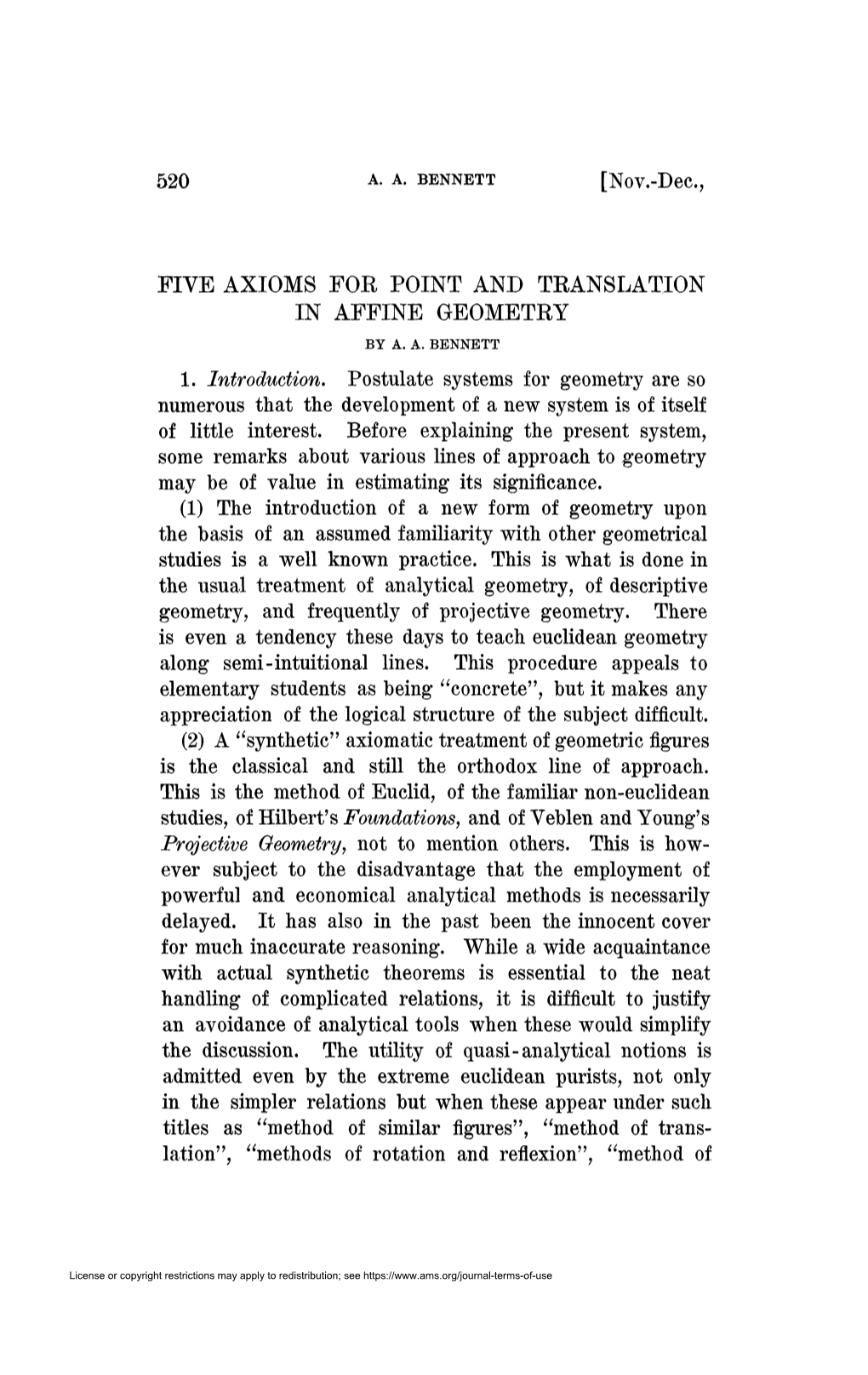 Five Axioms for Point and Translation in Affine Geometry by A