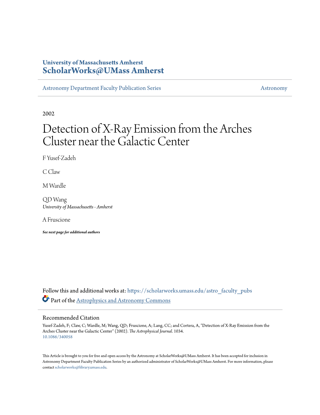 Detection of X-Ray Emission from the Arches Cluster Near the Galactic Center F Yusef-Zadeh