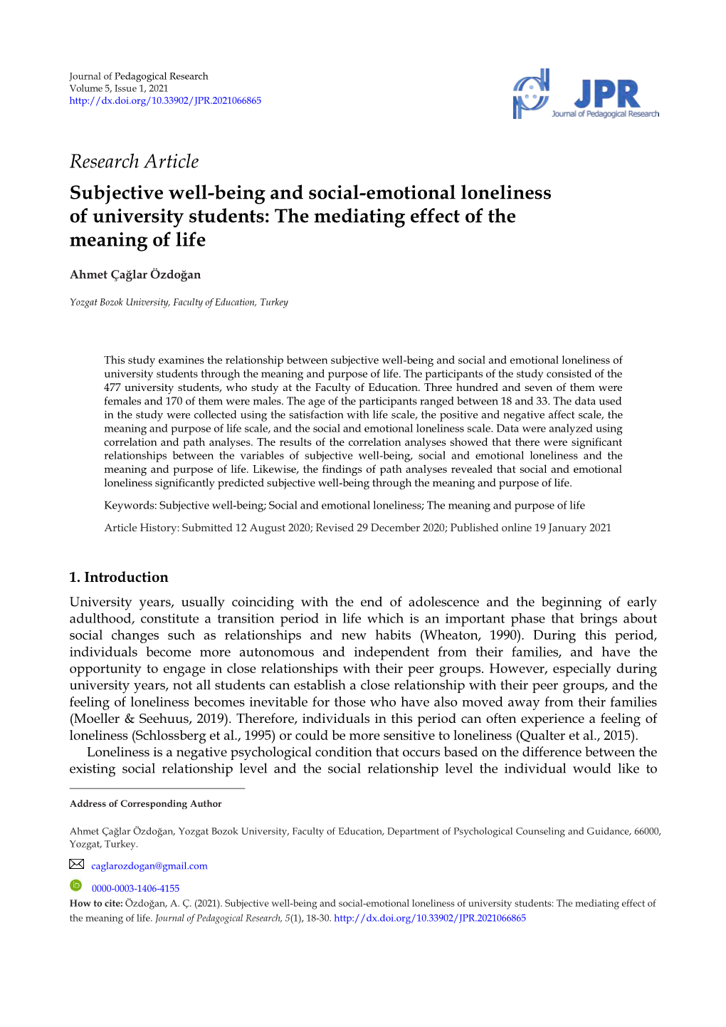 Research Article Subjective Well-Being and Social-Emotional Loneliness of University Students: the Mediating Effect of the Meaning of Life