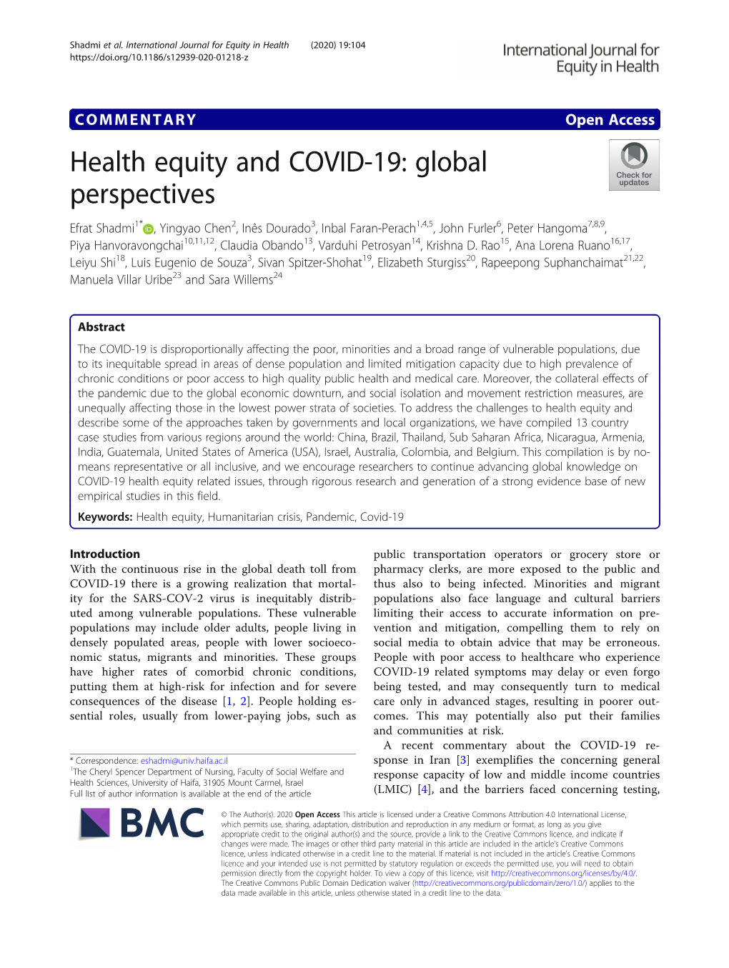 Health Equity and COVID-19: Global Perspectives