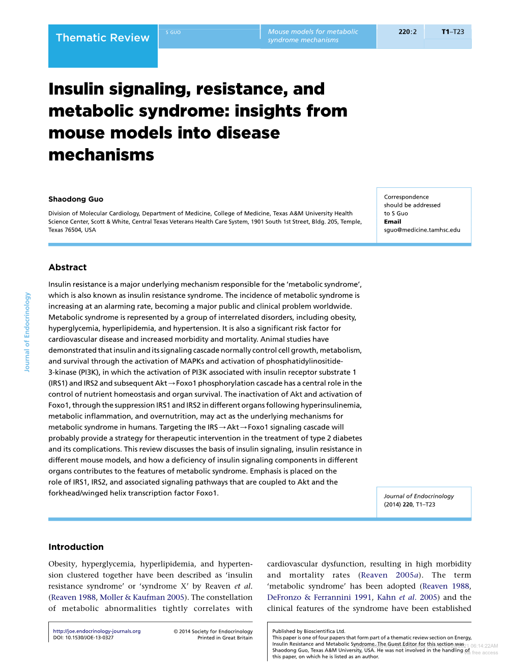 Downloaded the from Guest Bioscientifica.Com Editor for This Sectionat 09/28/2021 Was 06:14:22AM Shaodong Guo, Texas A&M University, USA