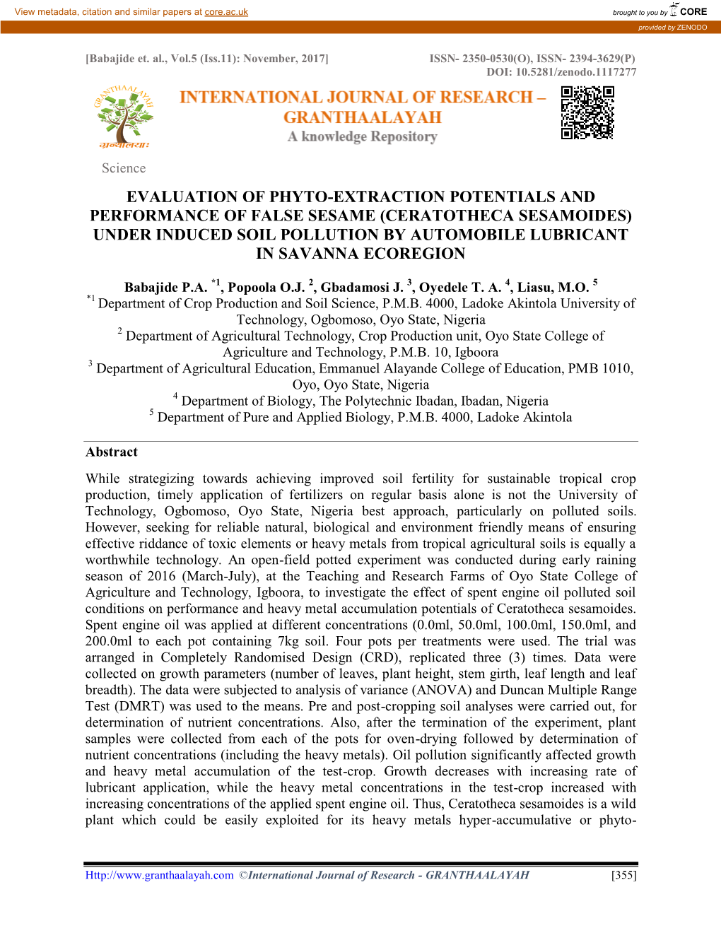 Ceratotheca Sesamoides) Under Induced Soil Pollution by Automobile Lubricant in Savanna Ecoregion