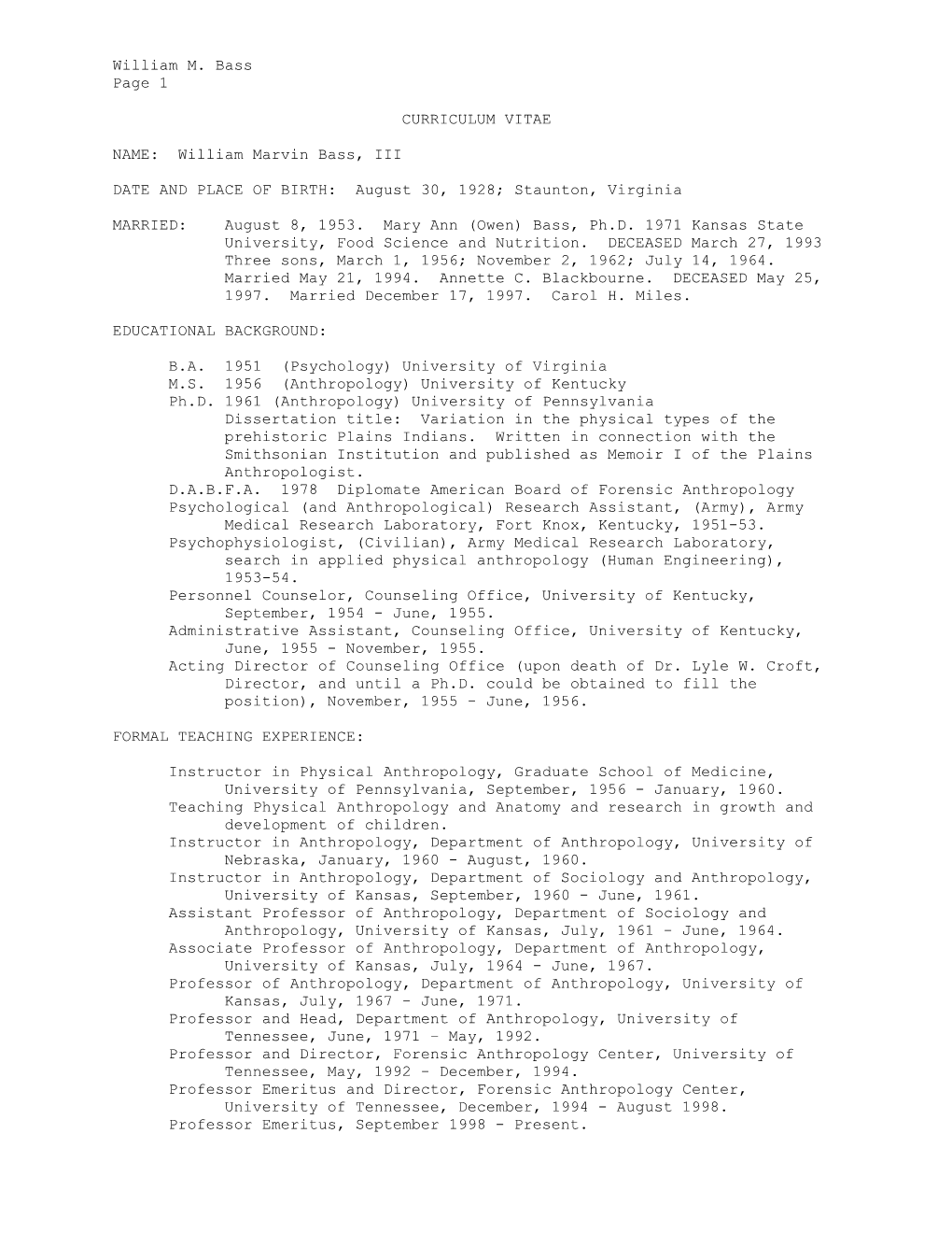 William M. Bass Page 1 CURRICULUM VITAE NAME