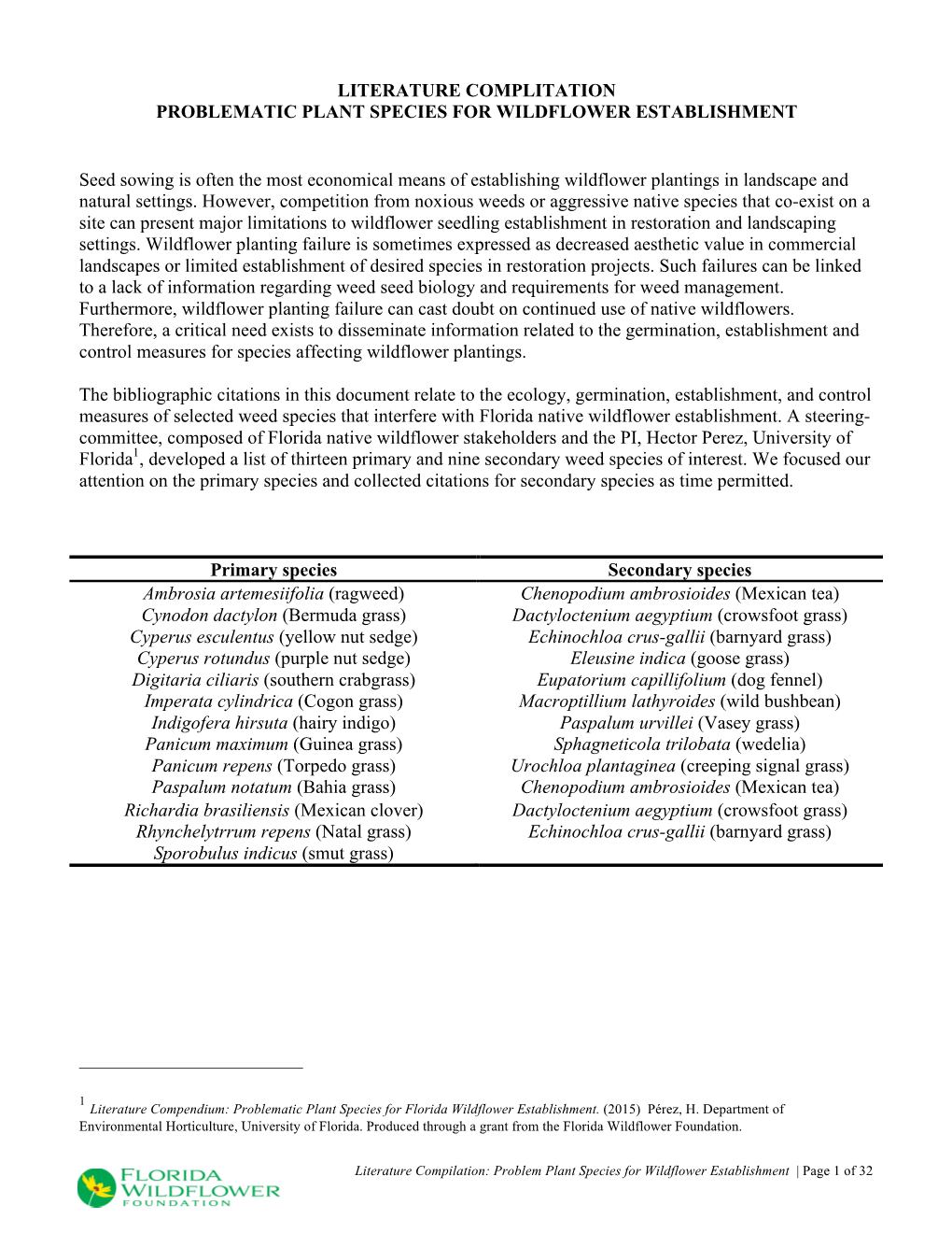 Literature Complitation Problematic Plant Species for Wildflower Establishment