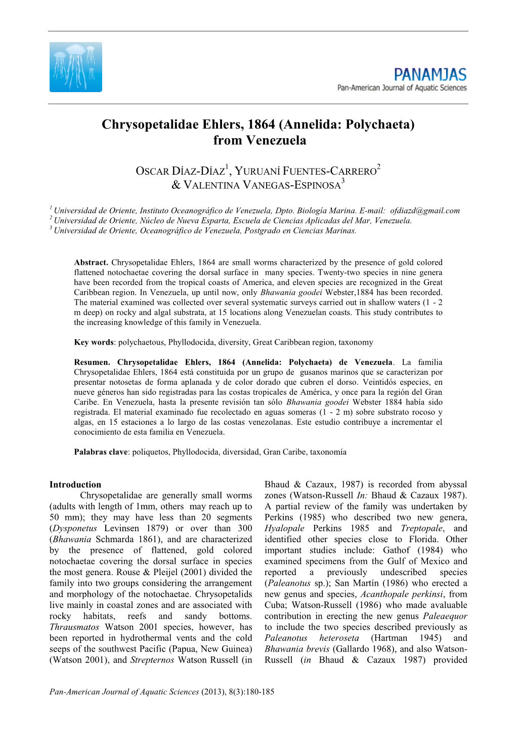 Chrysopetalidae Ehlers, 1864 (Annelida: Polychaeta) from Venezuela