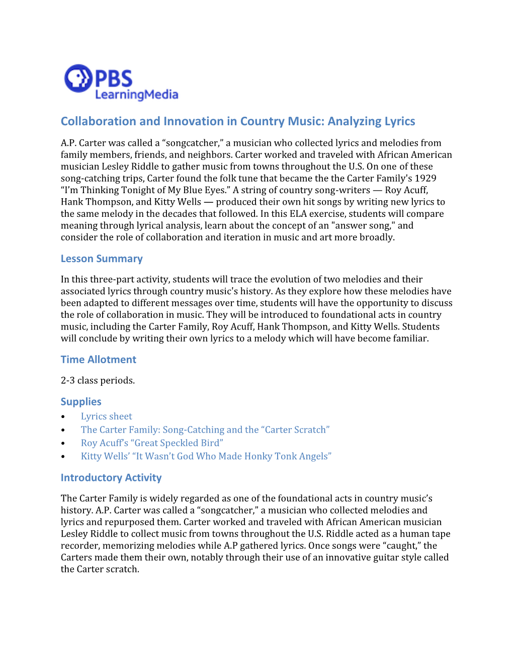 Collaboration and Innovation in Country Music: Analyzing Lyrics A.P