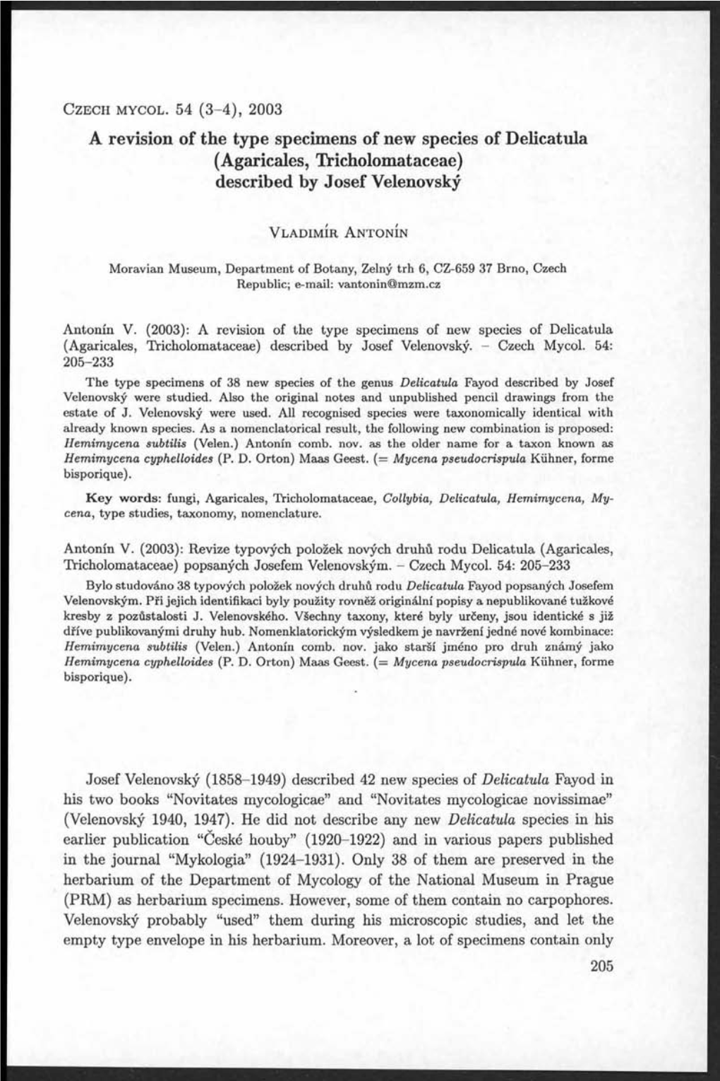 A Revision of the Type Specimens of New Species of Delicatula (Agaricales, Tricholomataceae) Described by Josef Velenovský