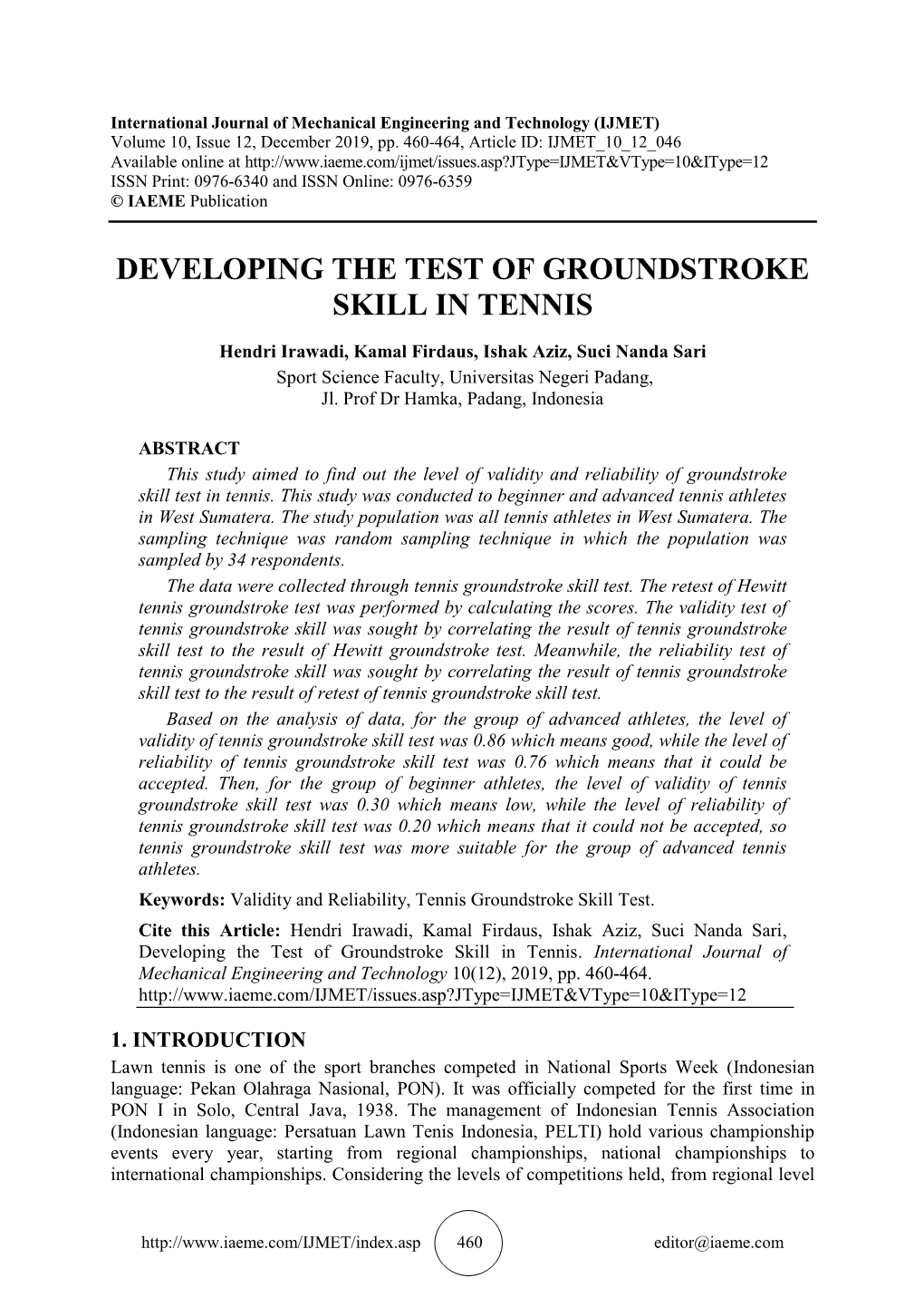 Developing the Test of Groundstroke Skill in Tennis