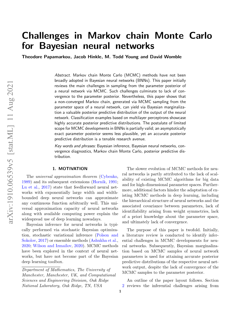 Challenges in Markov Chain Monte Carlo for Bayesian Neural Networks Theodore Papamarkou, Jacob Hinkle, M