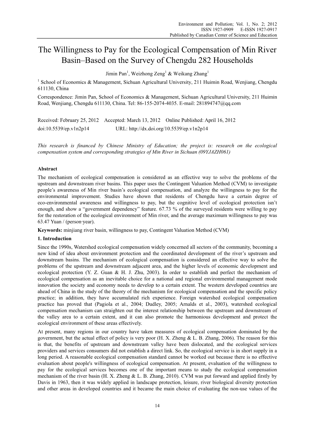 The Willingness to Pay for the Ecological Compensation of Min River Basin–Based on the Survey of Chengdu 282 Households