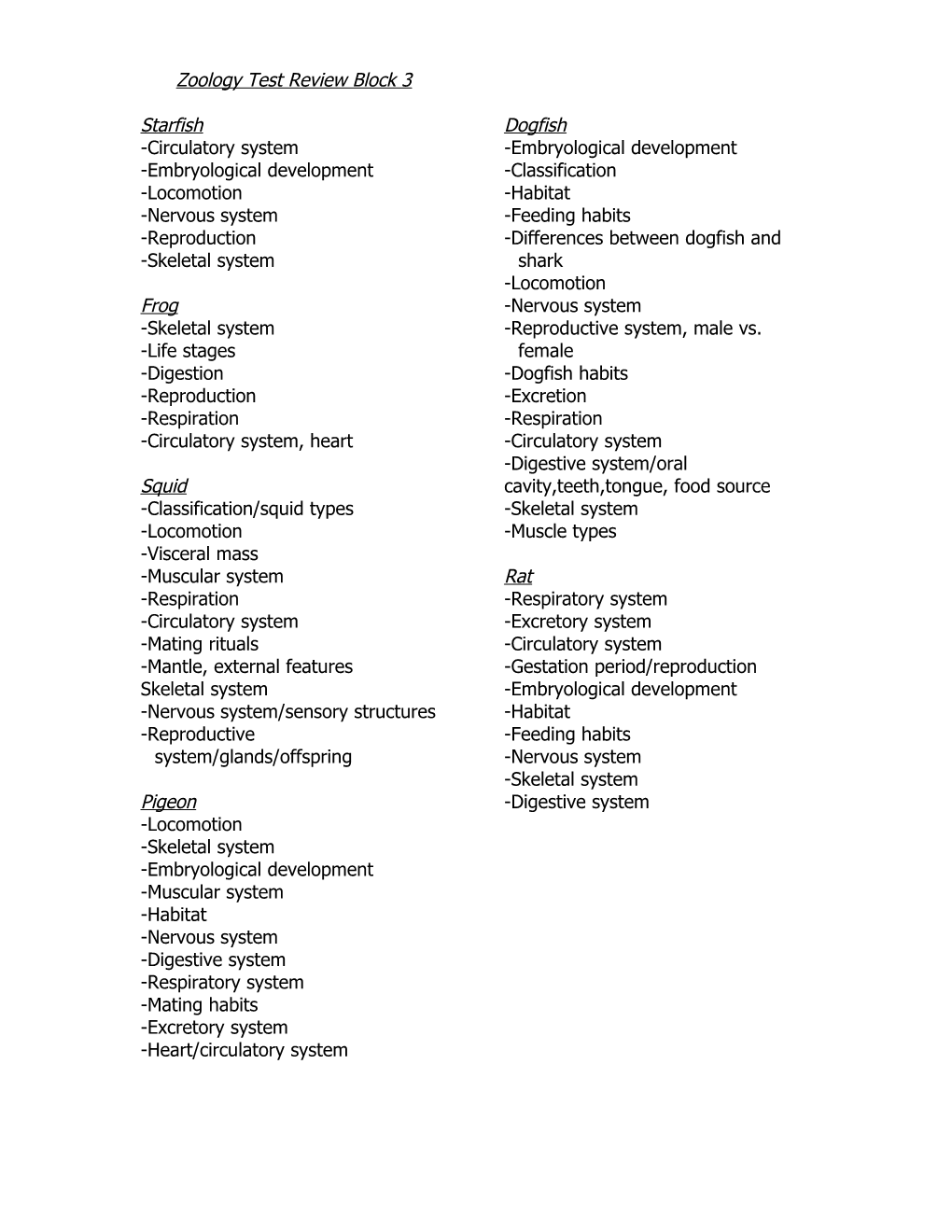 Zoology Test Review