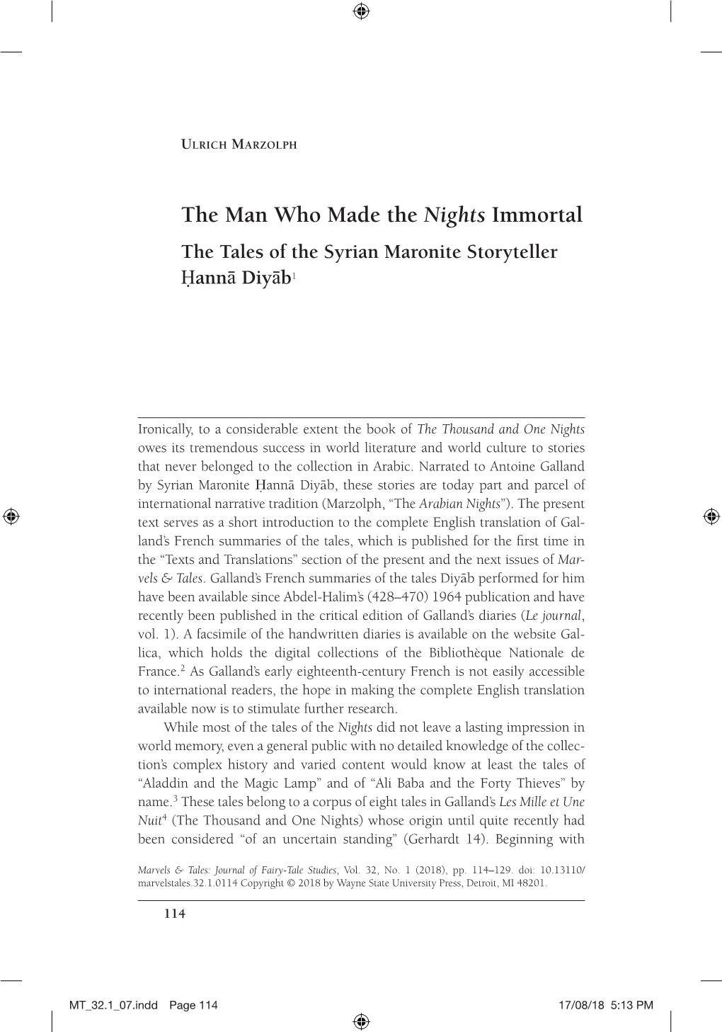 The Man Who Made the Nights Immortal the Tales of the Syrian Maronite Storyteller Ḥannā Diyāb1