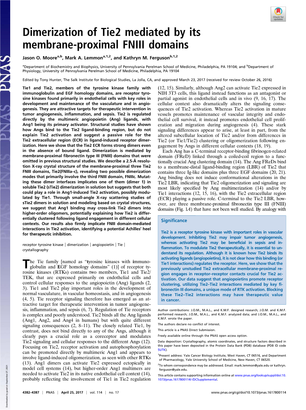 Dimerization of Tie2 Mediated by Its Membrane-Proximal FNIII Domains