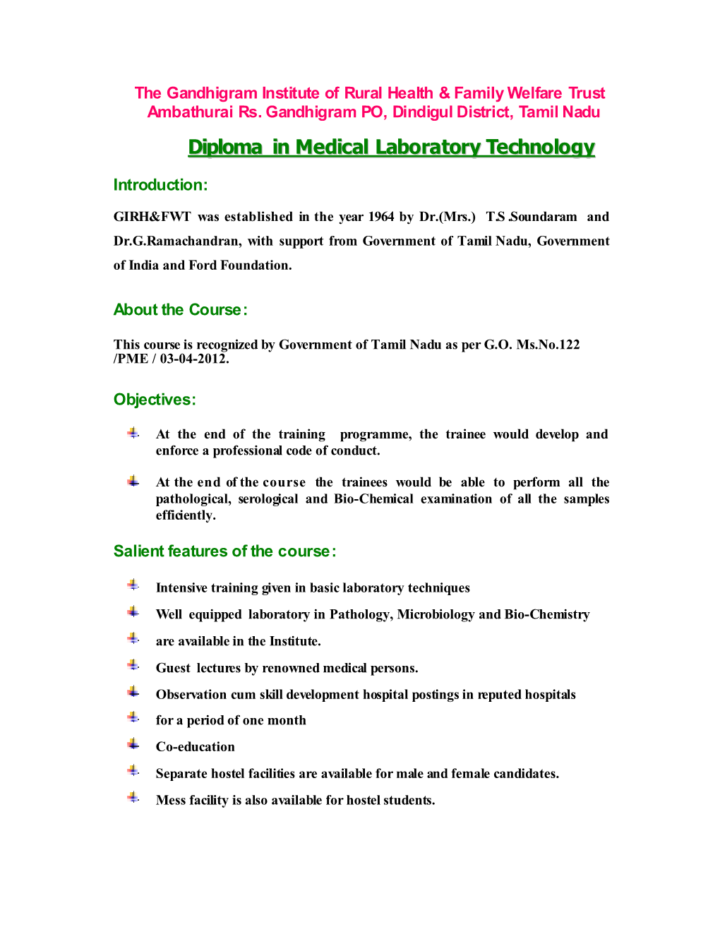 Diploma in Medical Laboratory Technology