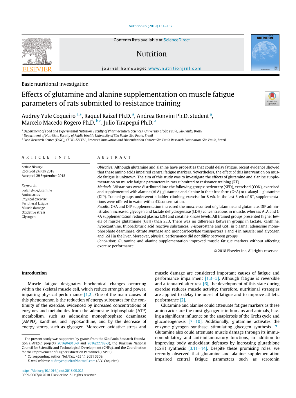 Effects of Glutamine and Alanine Supplementation on Muscle Fatigue Parameters of Rats Submitted to Resistance Training