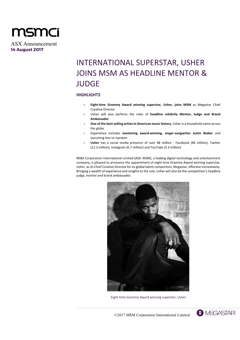 International Superstar, Usher Joins Msm As Headline Mentor & Judge Highlights