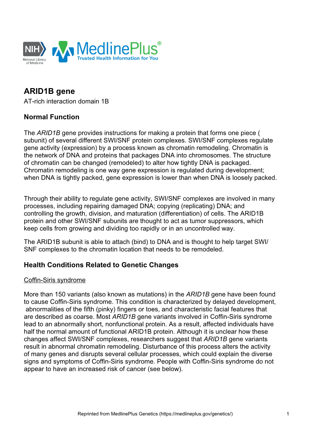 ARID1B Gene AT-Rich Interaction Domain 1B