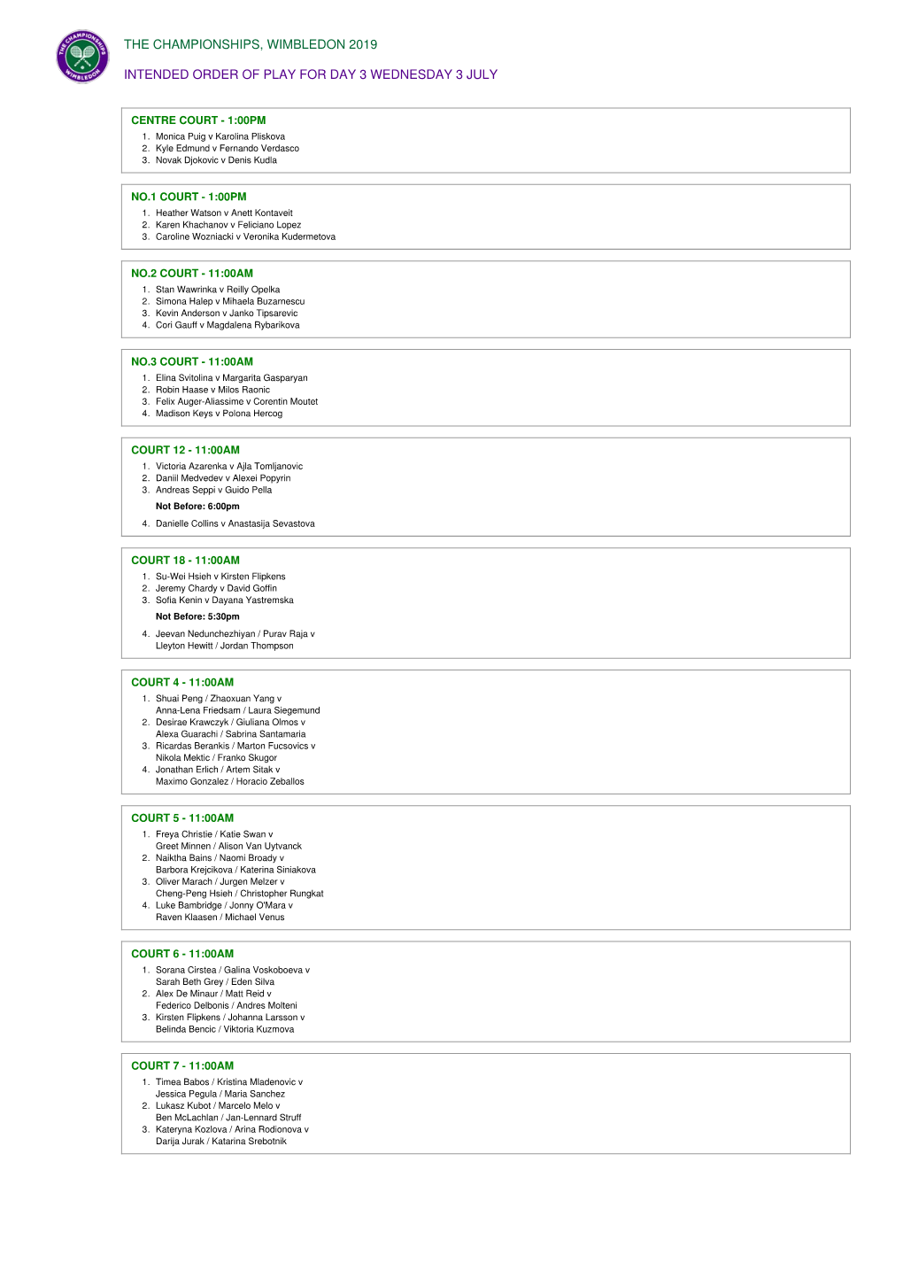 The Championships, Wimbledon 2019 Intended Order of Play for Day 3 Wednesday 3 July