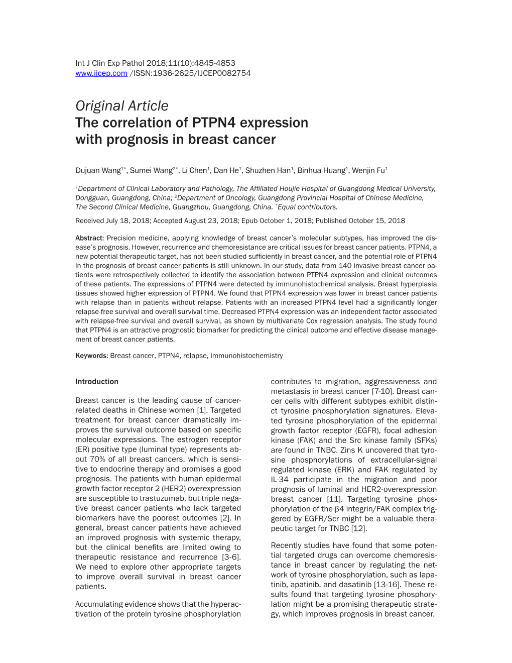 Original Article the Correlation of PTPN4 Expression with Prognosis in Breast Cancer