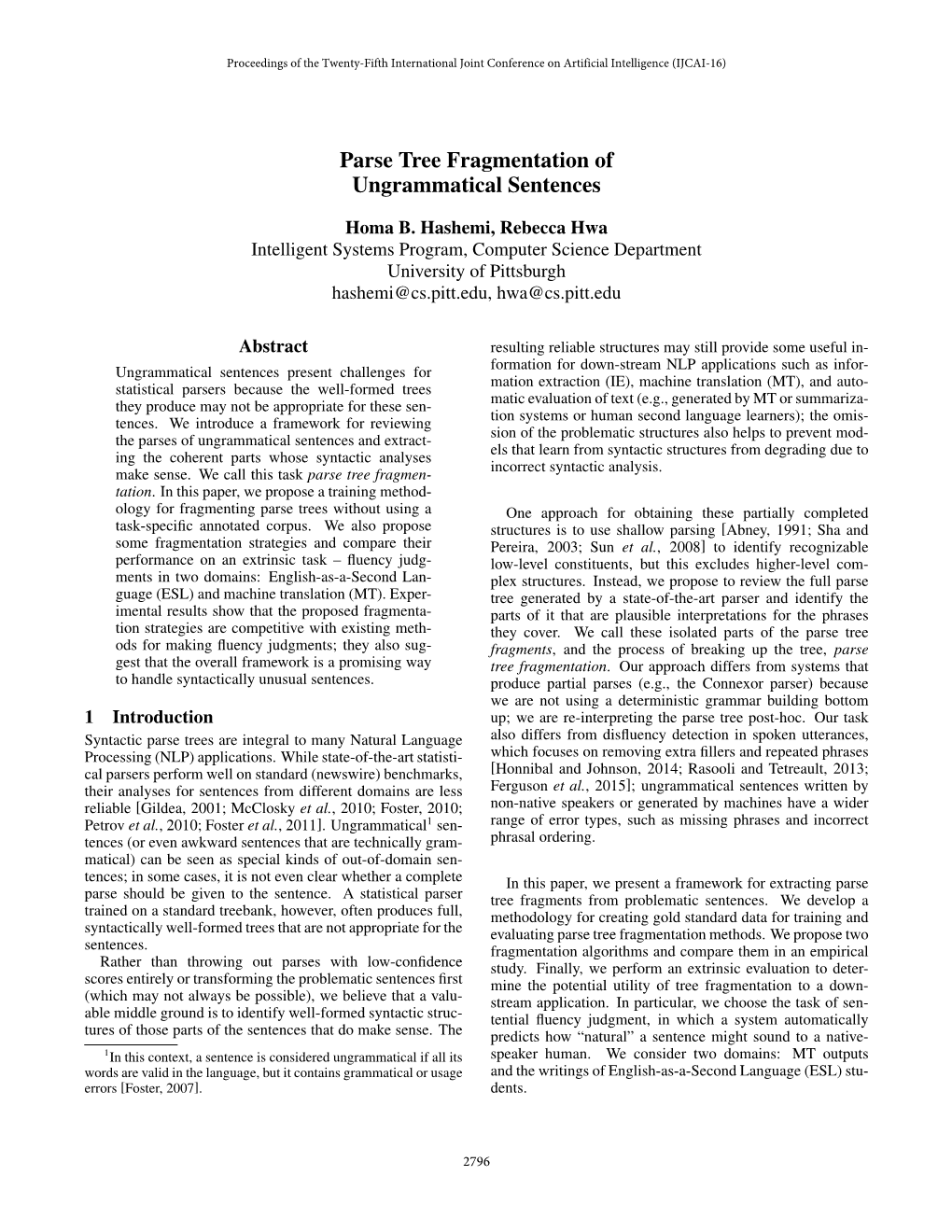 Parse Tree Fragmentation of Ungrammatical Sentences